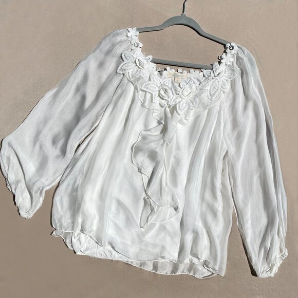 Belle France White Silk Blouse Sheer Sleeves Crocheted Floral Neck Size S - Picture 5 of 9